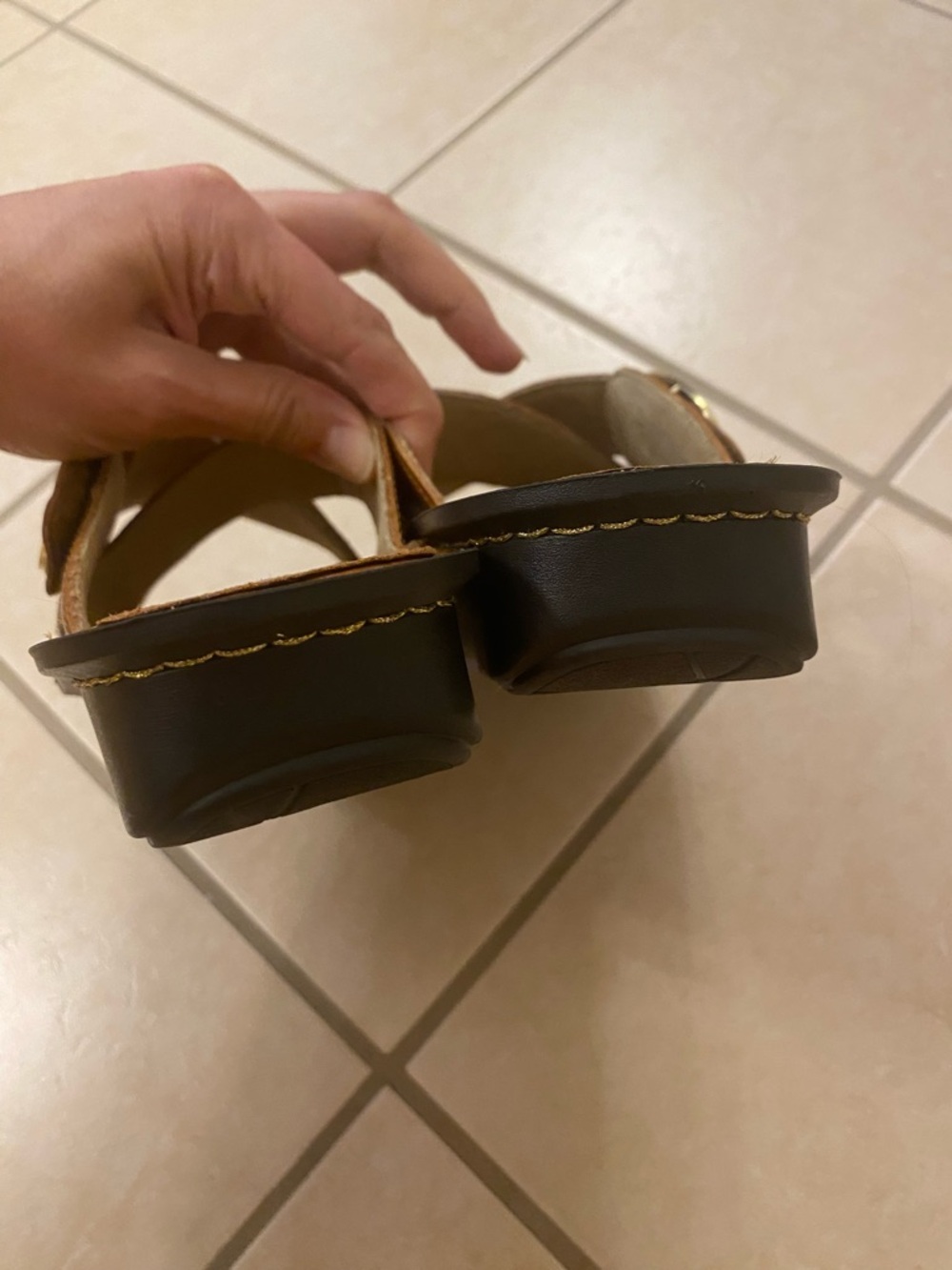 Alegria Brown Leather Crossover Slide Sandals with Gold Buckle - Picture 6 of 8